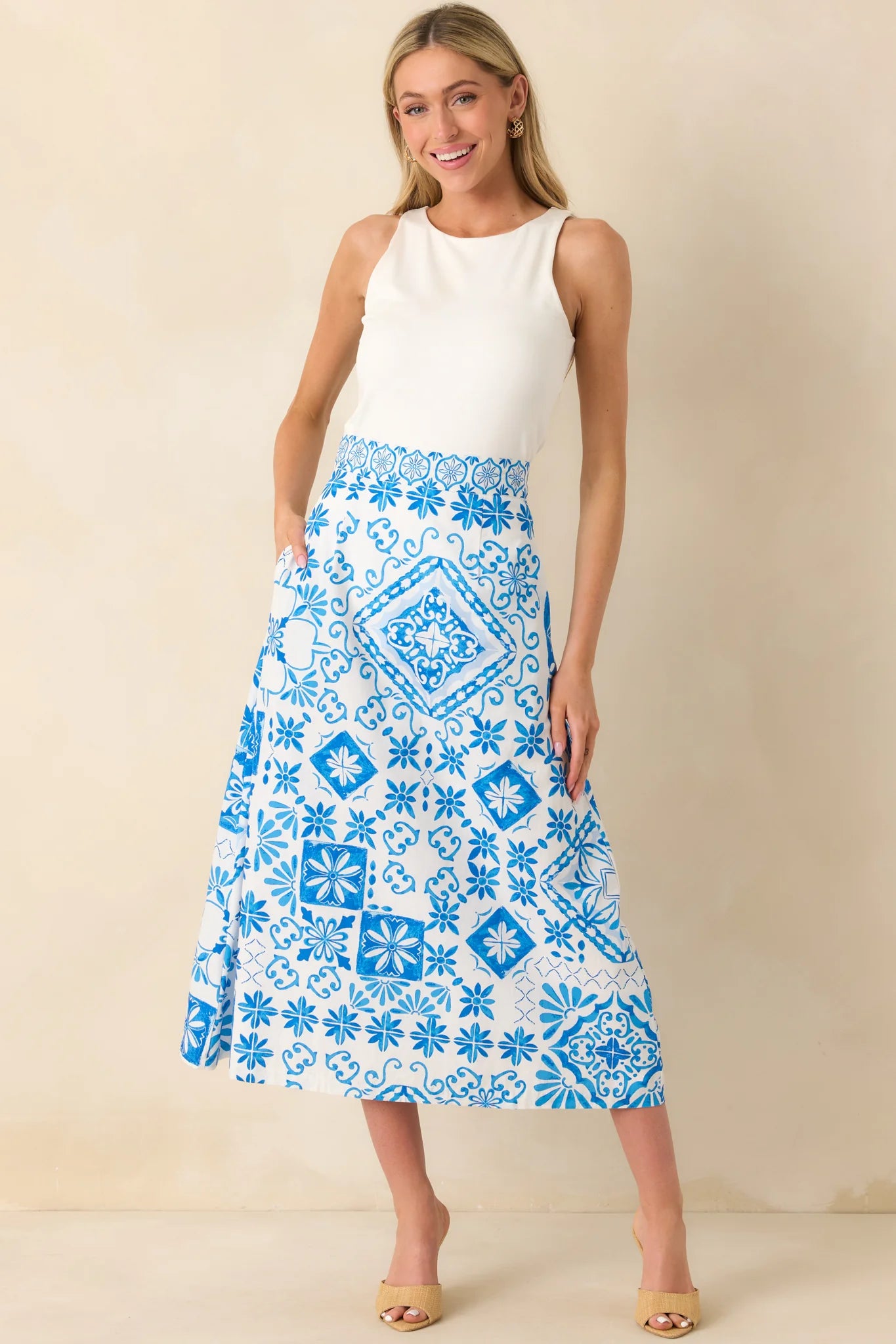 Prosperina Hemingway Blue Tile Print Cotton Midi Skirt