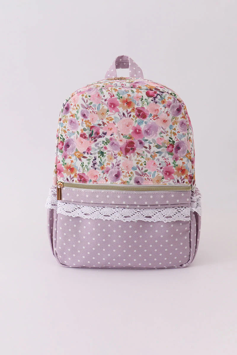 Purple Floral Print Canvas Ruffle Backpack