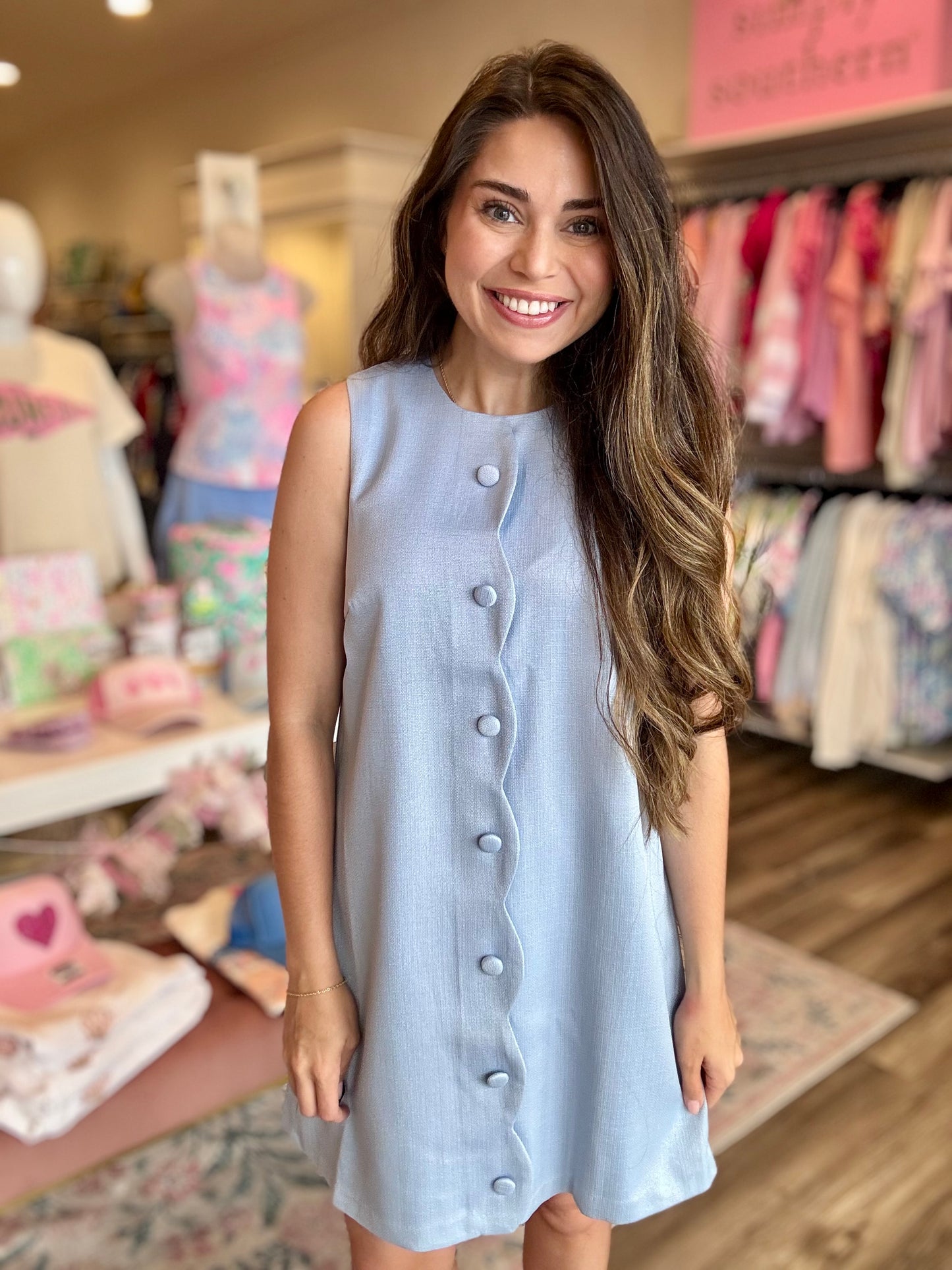 Prosperina Blue Sky Tate Scallop Mini Shift Dress