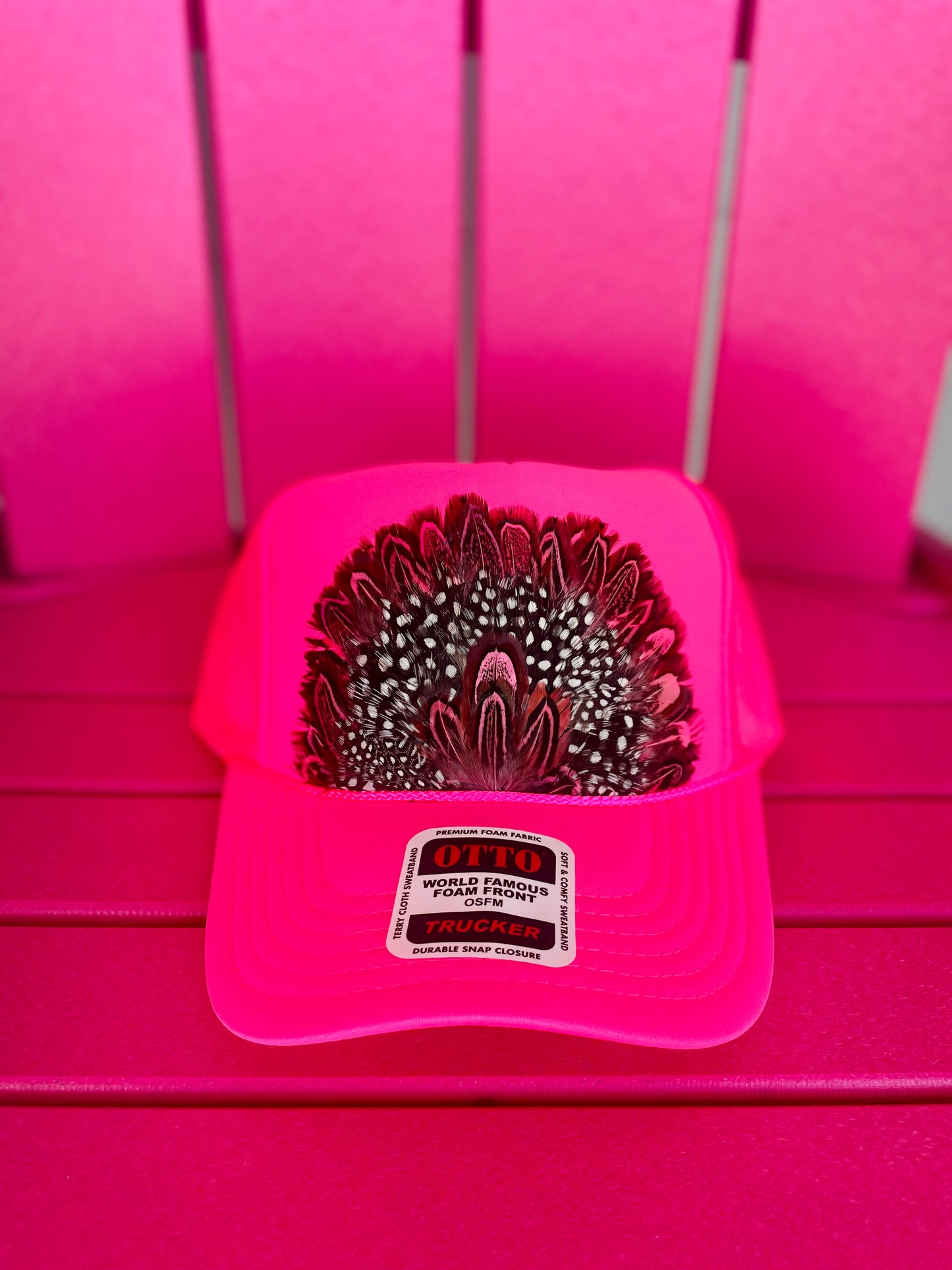 HOT PINK FEATHER TRUCKER HAT