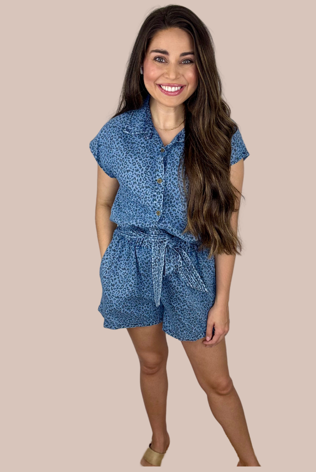 Avery Leopard Denim Romper