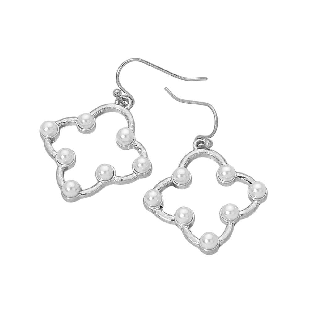 Pearl Accent Open Quatrefoil Drop Dangle Earrings