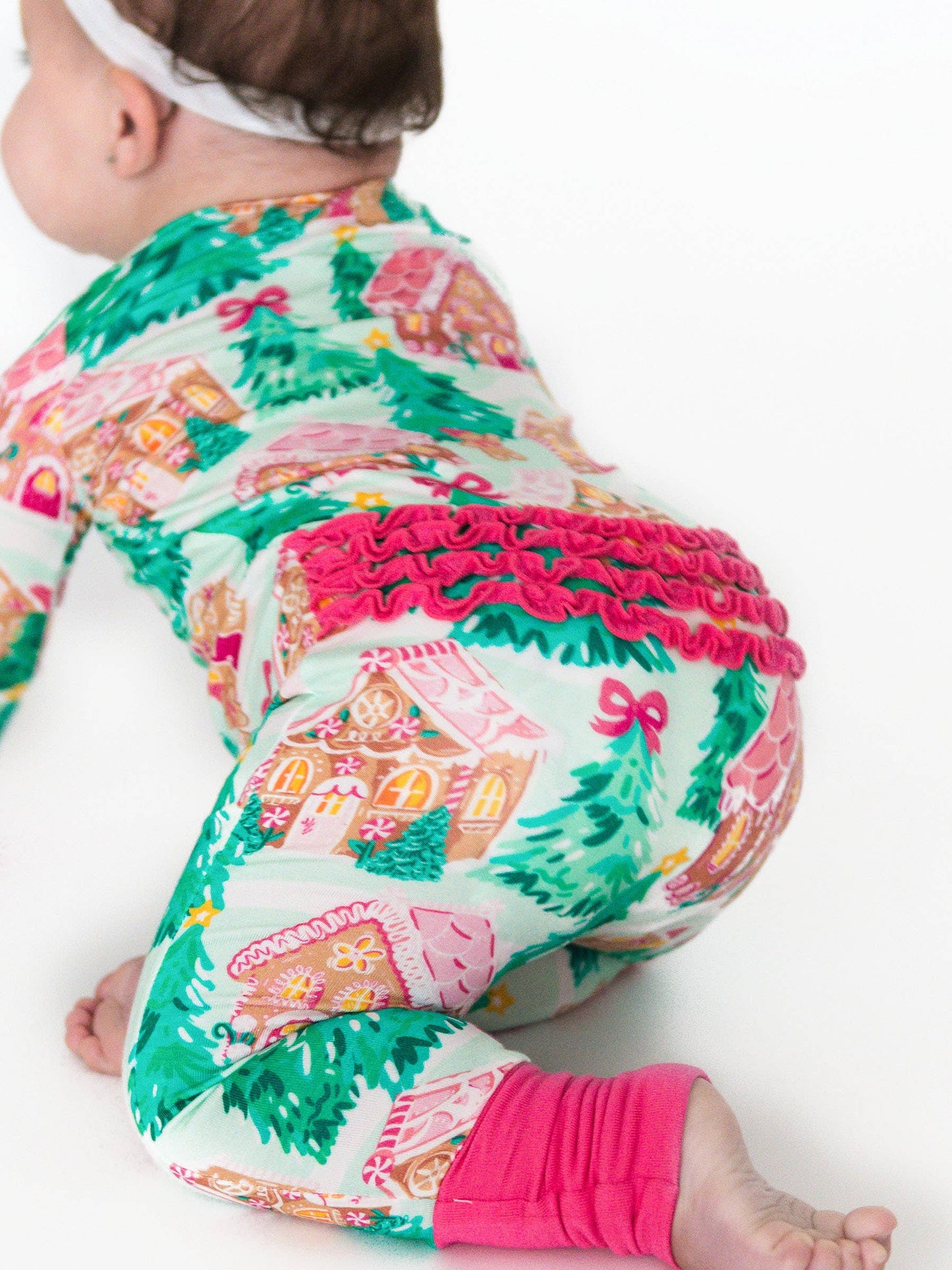 RuffleButts SoftSnooze™ Baby Jolly Gingerbread Ruffle One Piece Footie Pajama