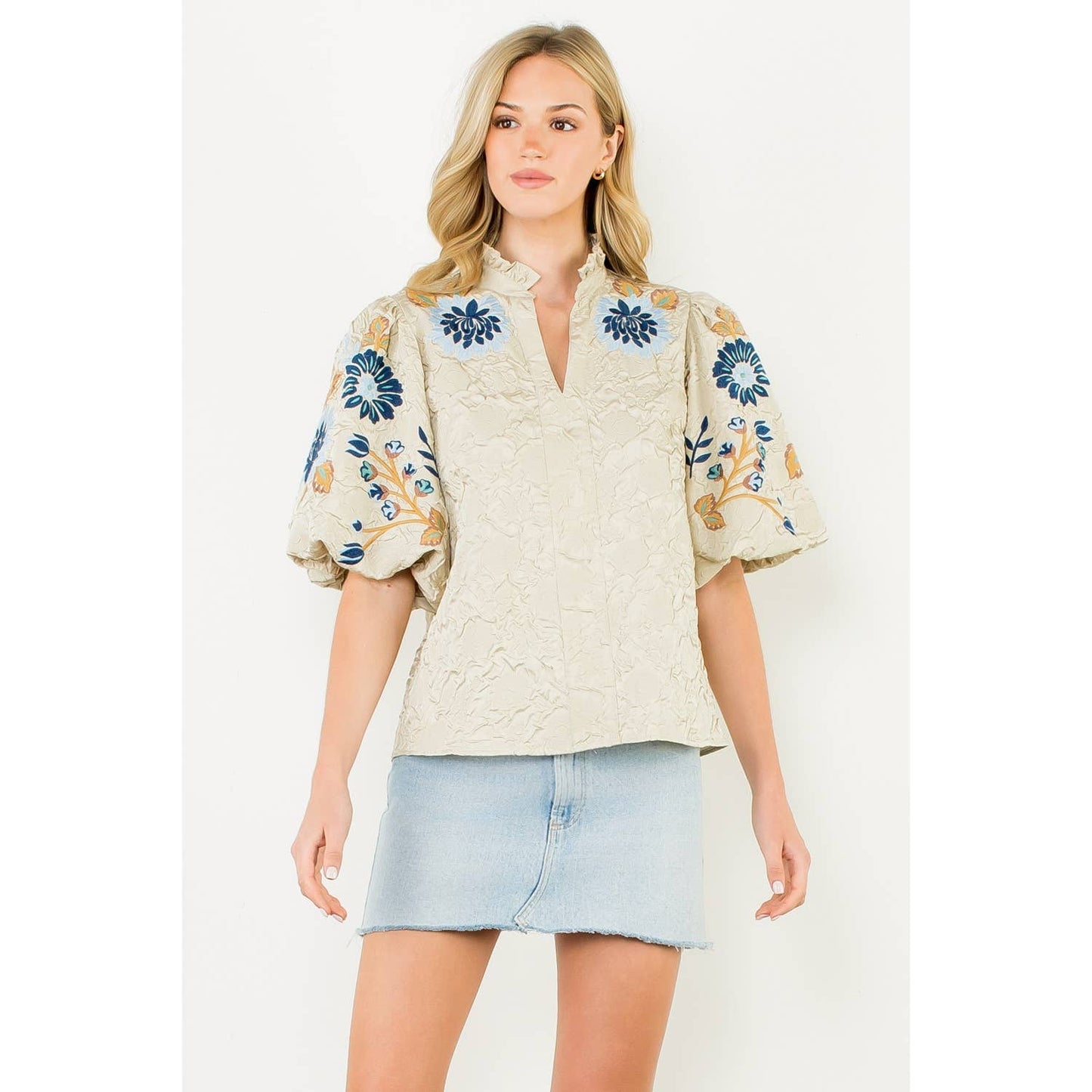 THML Embroidered Puff Sleeve Textured Top
