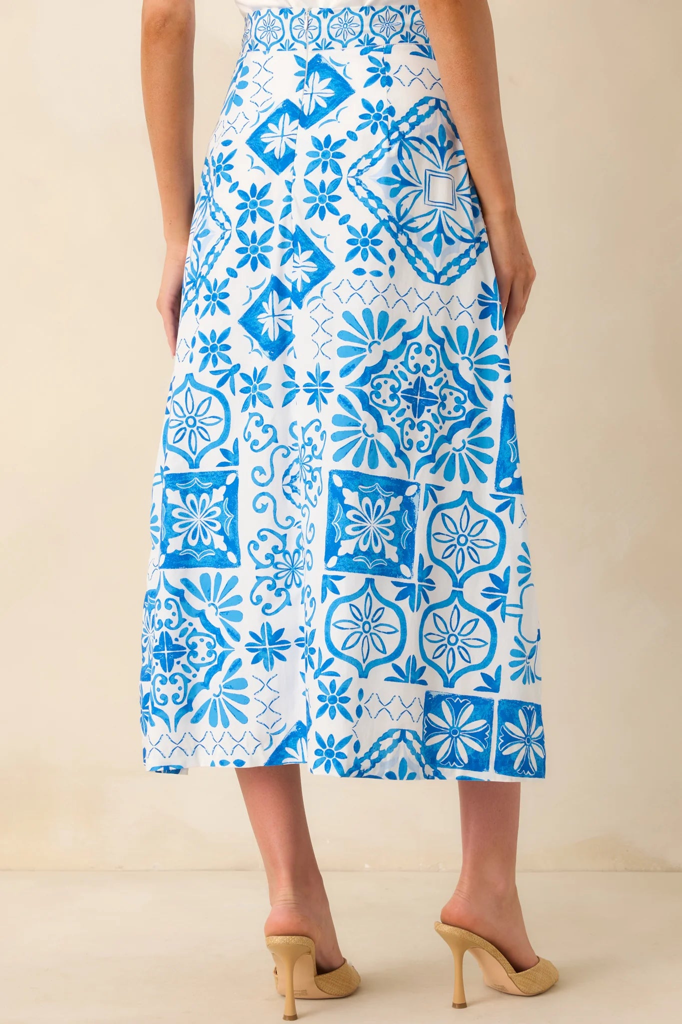 Prosperina Hemingway Blue Tile Print Cotton Midi Skirt