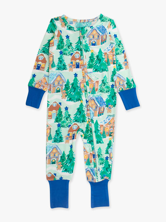 RuffleButts SoftSnooze™ Blue Gingerbread Convertible One Piece Footie Pajama