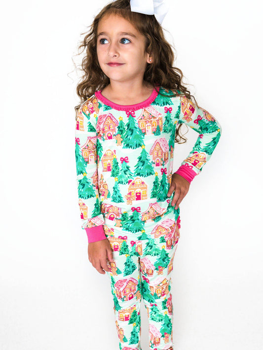 RuffleButts SoftSnooze™ Toddler Jolly Gingerbread Ruffle Long Sleeve Pajama Set