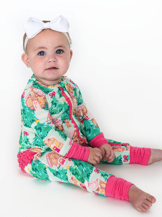 RuffleButts SoftSnooze™ Baby Jolly Gingerbread Ruffle One Piece Footie Pajama