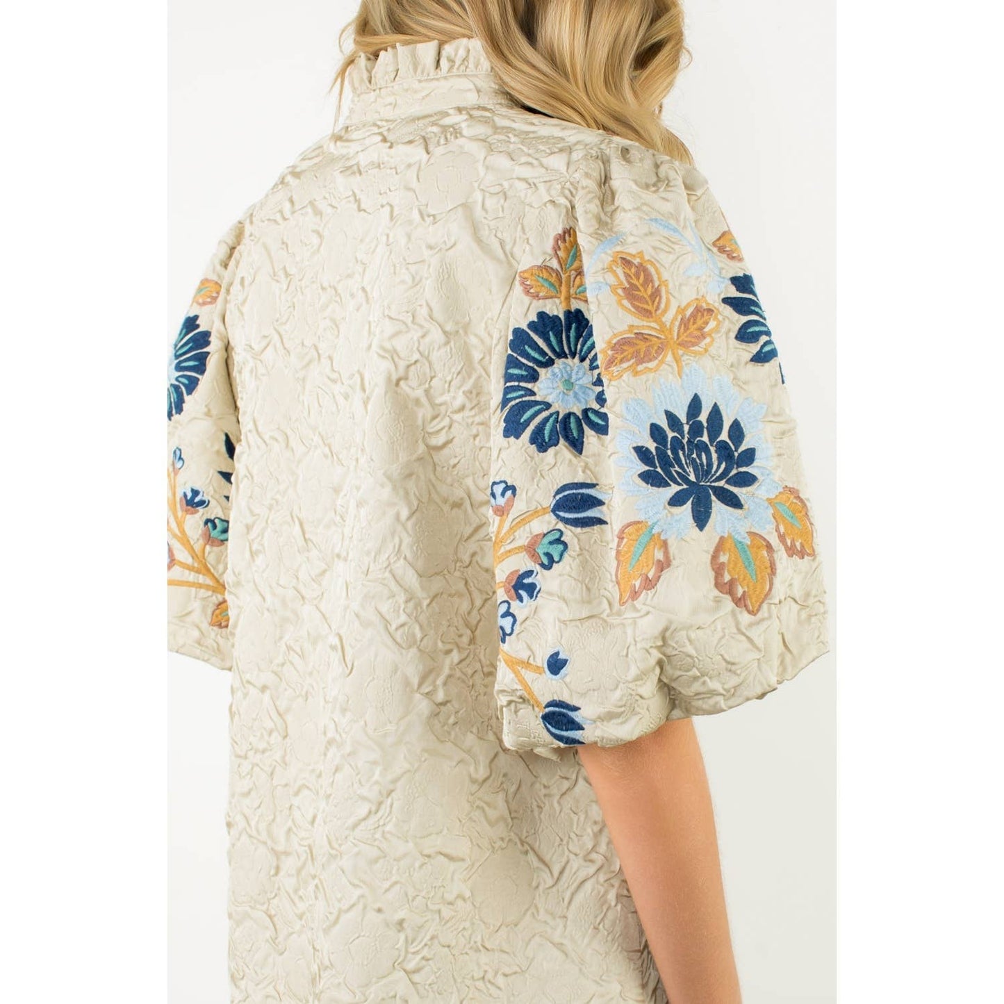 THML Embroidered Puff Sleeve Textured Top