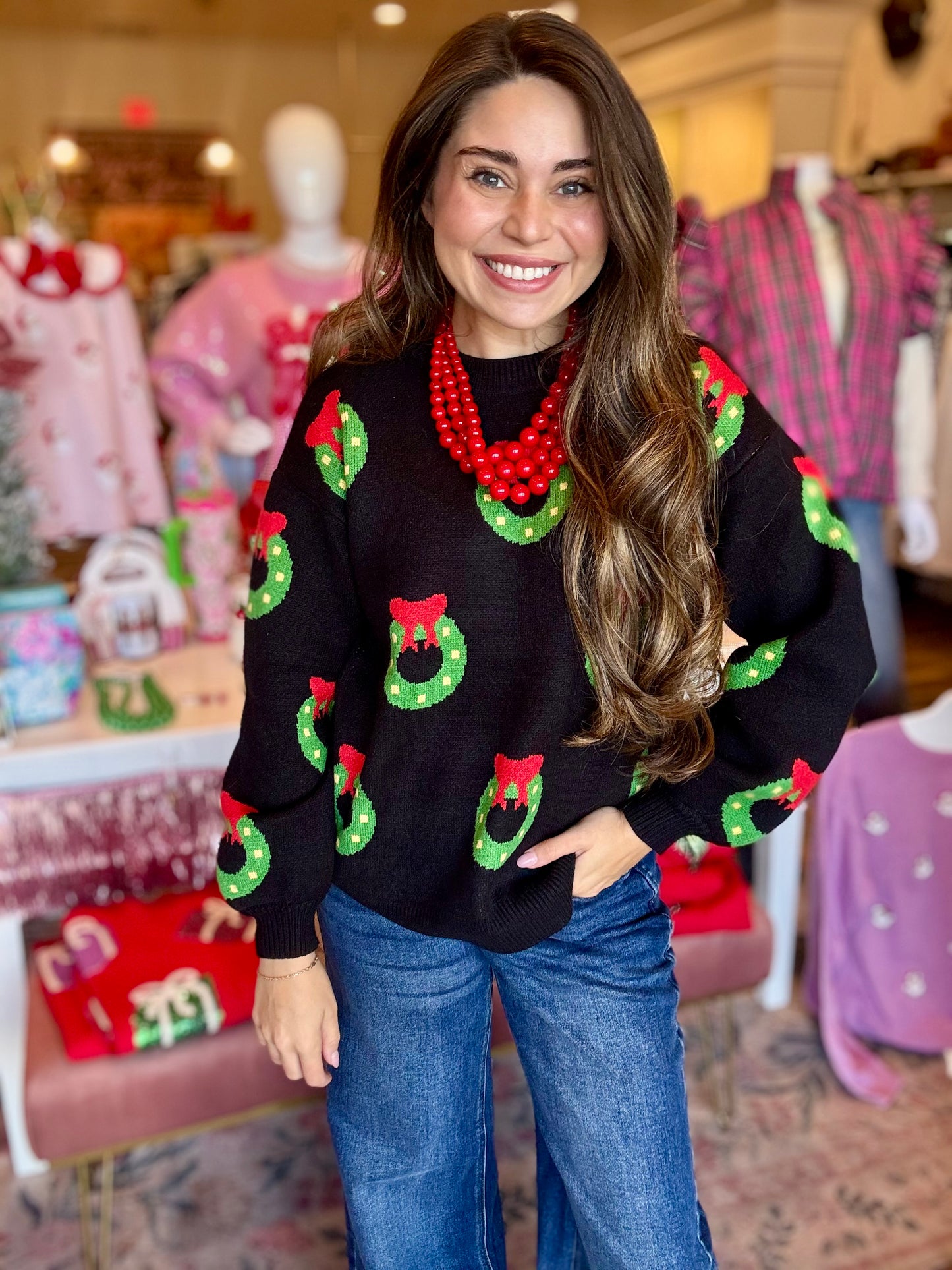 All Over Wreath Holiday Knit Sweater