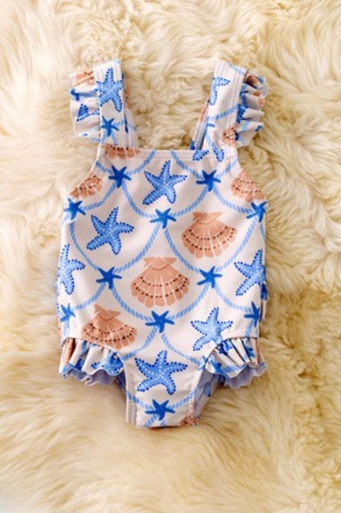 Little Girls Ruffled Shell Swimsuit