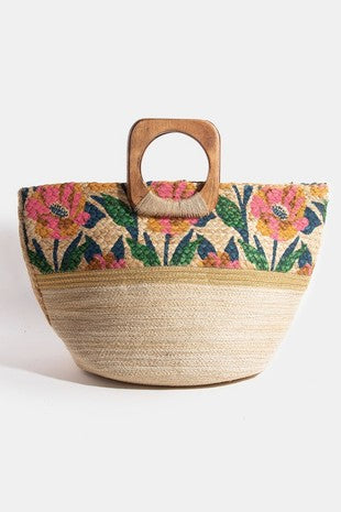 Flower Print Jute Tote Bag
