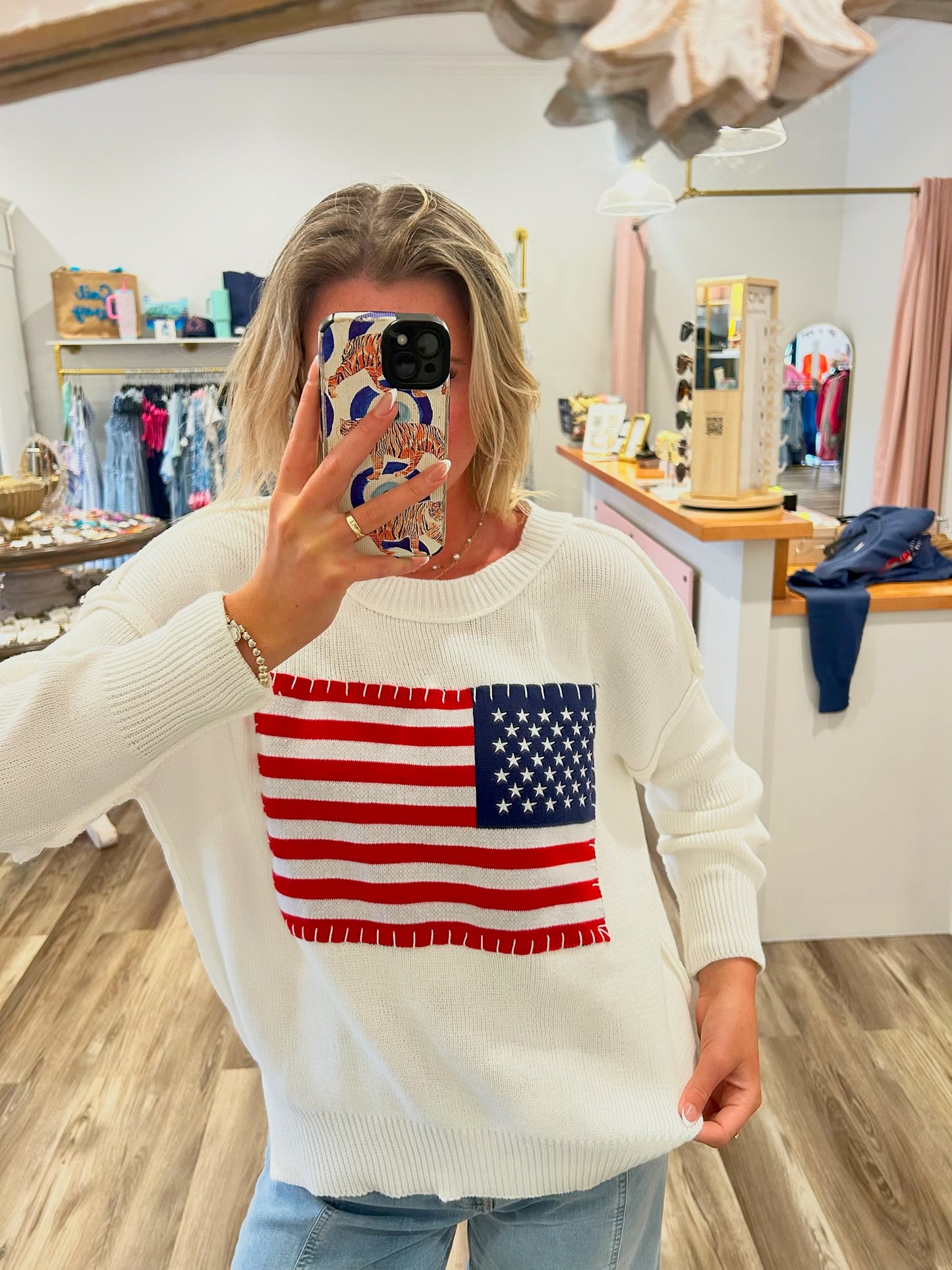 Simply Southern Ivory USA Flag Sweater