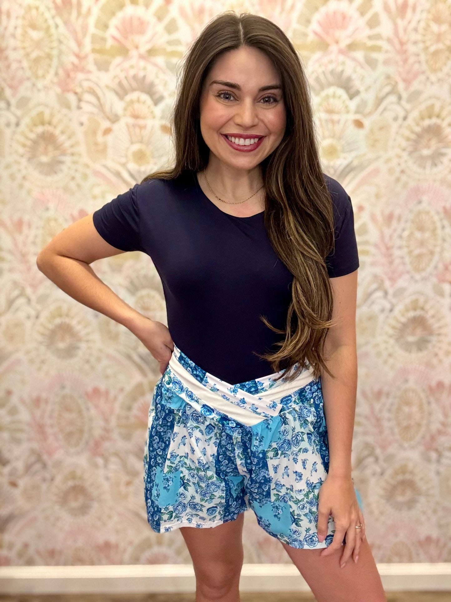 Simply Southern Criss Cross Patchwork Athletic Shorts