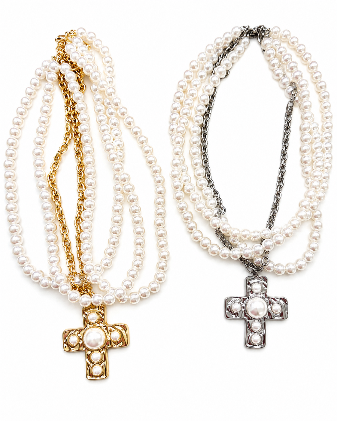 Multi Layered Cross Pearl Necklace