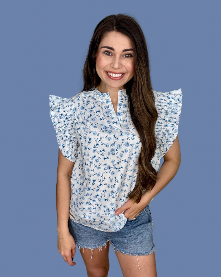 Simply Southern Blue Daisy Ruffle Top
