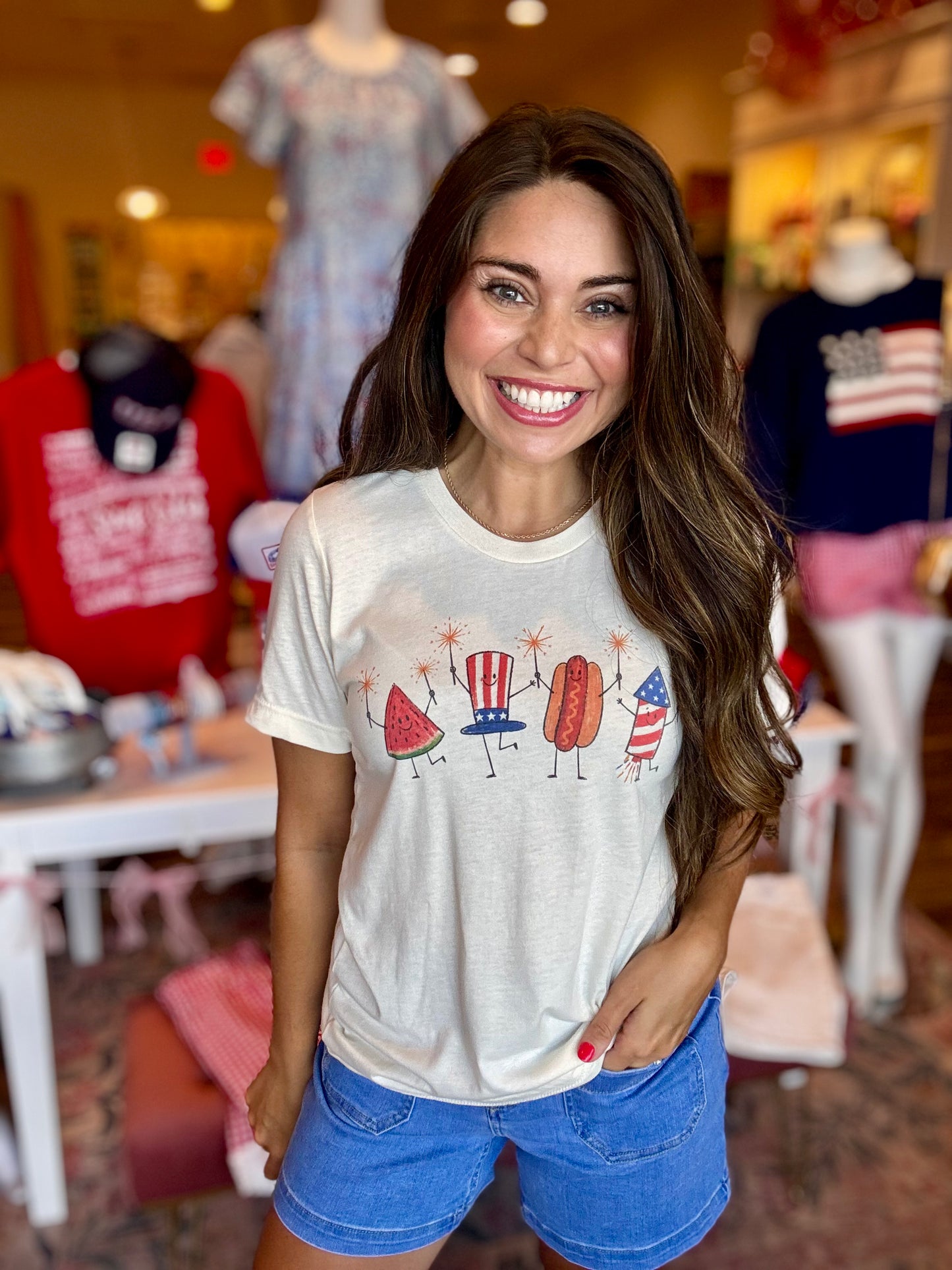 USA Vintage 4th of July Fireworks Hot Dogs Retro Graphic Tee