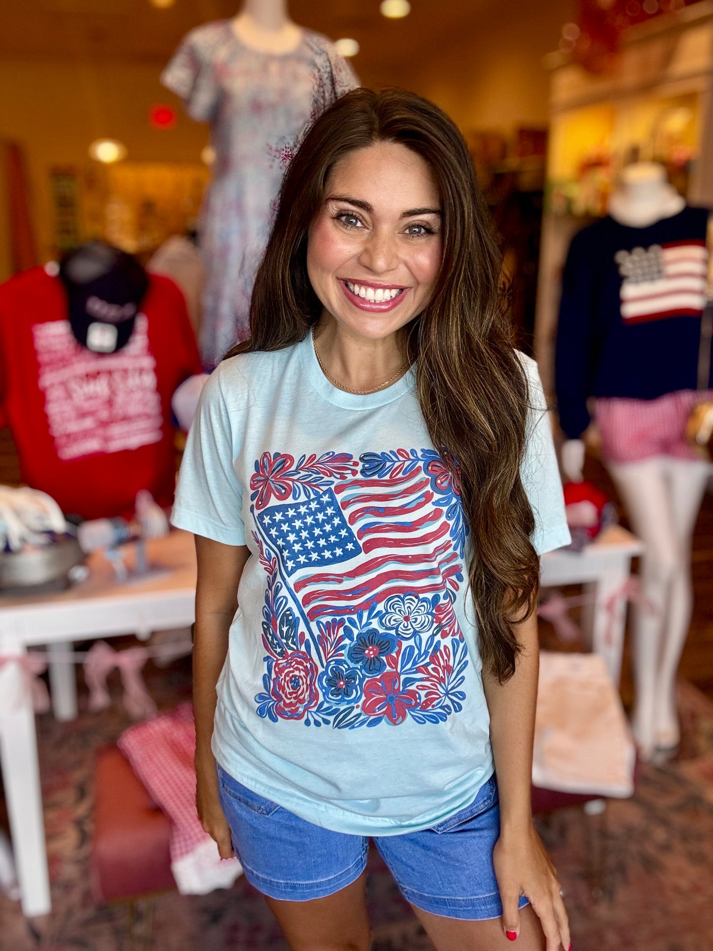 USA Boho Flag Floral Red Blue Patriotic Retro Graphic Tee