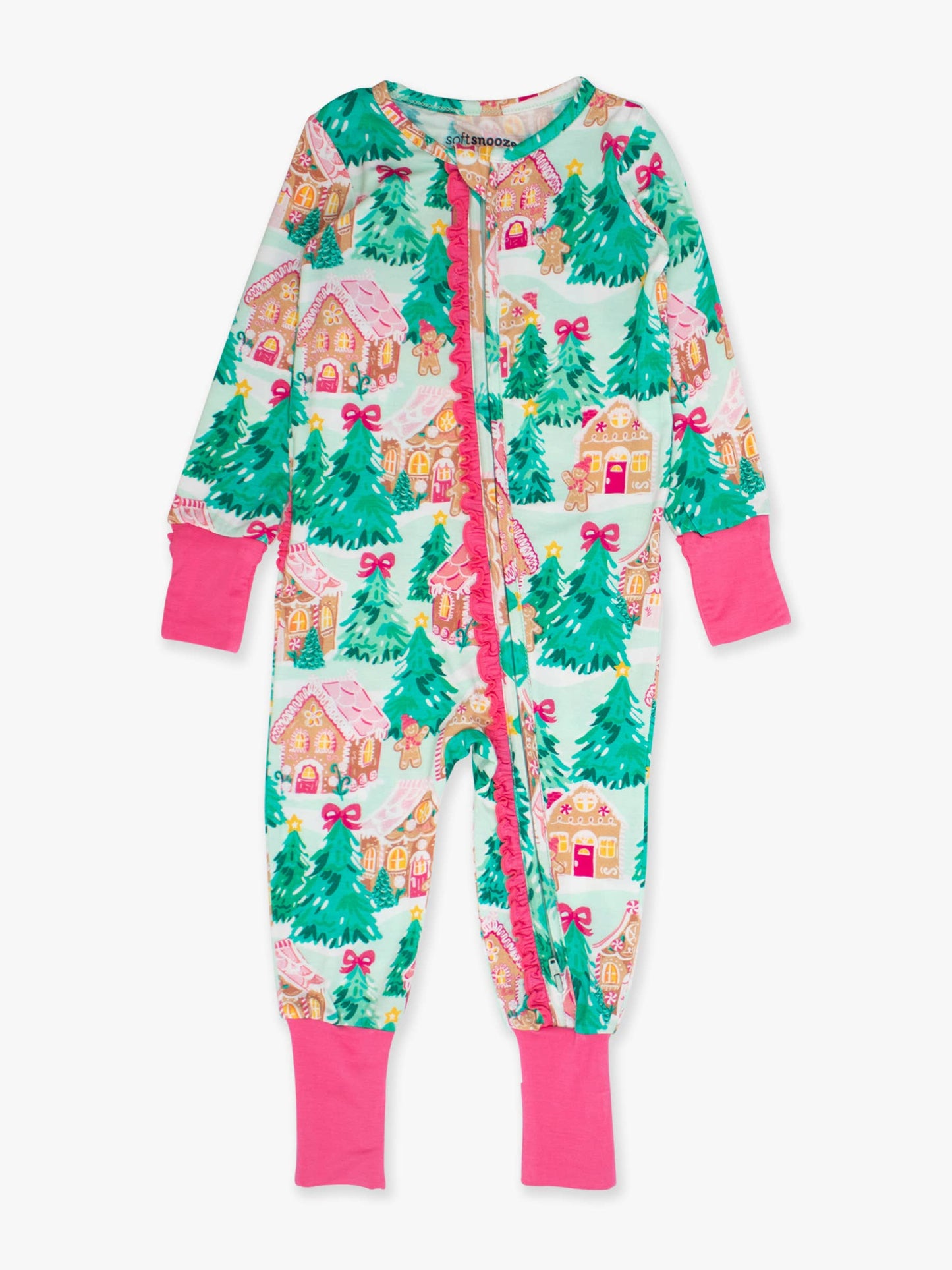 RuffleButts SoftSnooze™ Baby Jolly Gingerbread Ruffle One Piece Footie Pajama