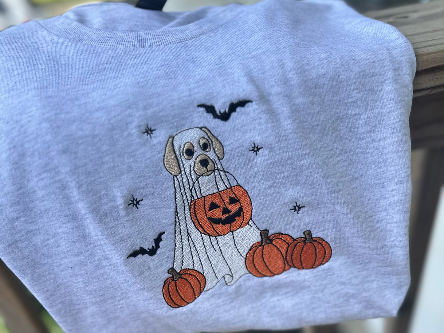 Dog Ghost Halloween Embroidered T-Shirt