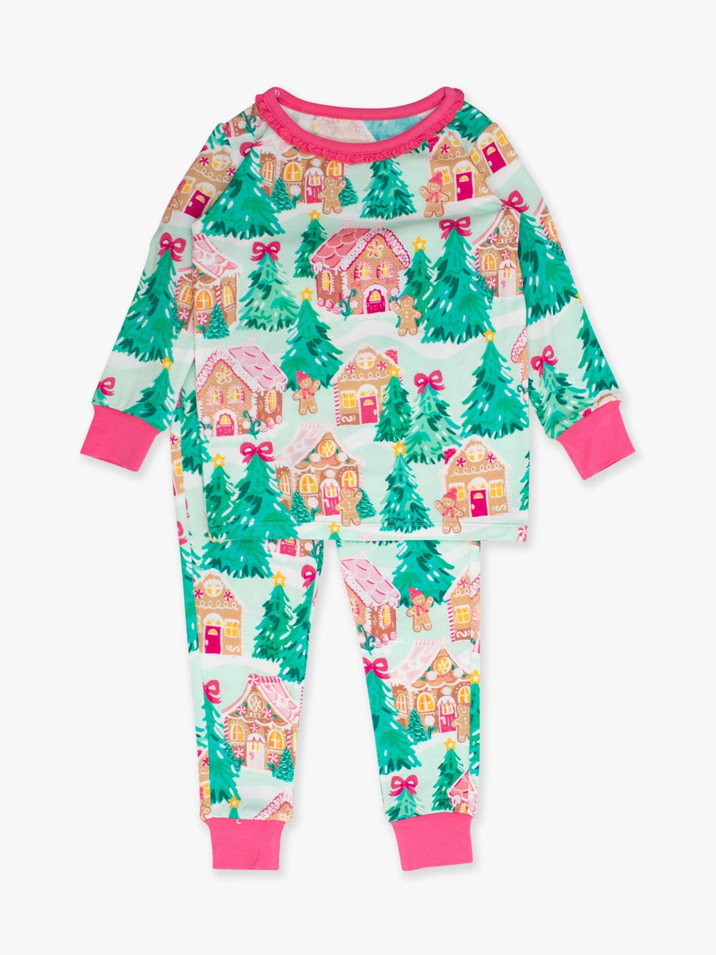 RuffleButts SoftSnooze™ Toddler Jolly Gingerbread Ruffle Long Sleeve Pajama Set