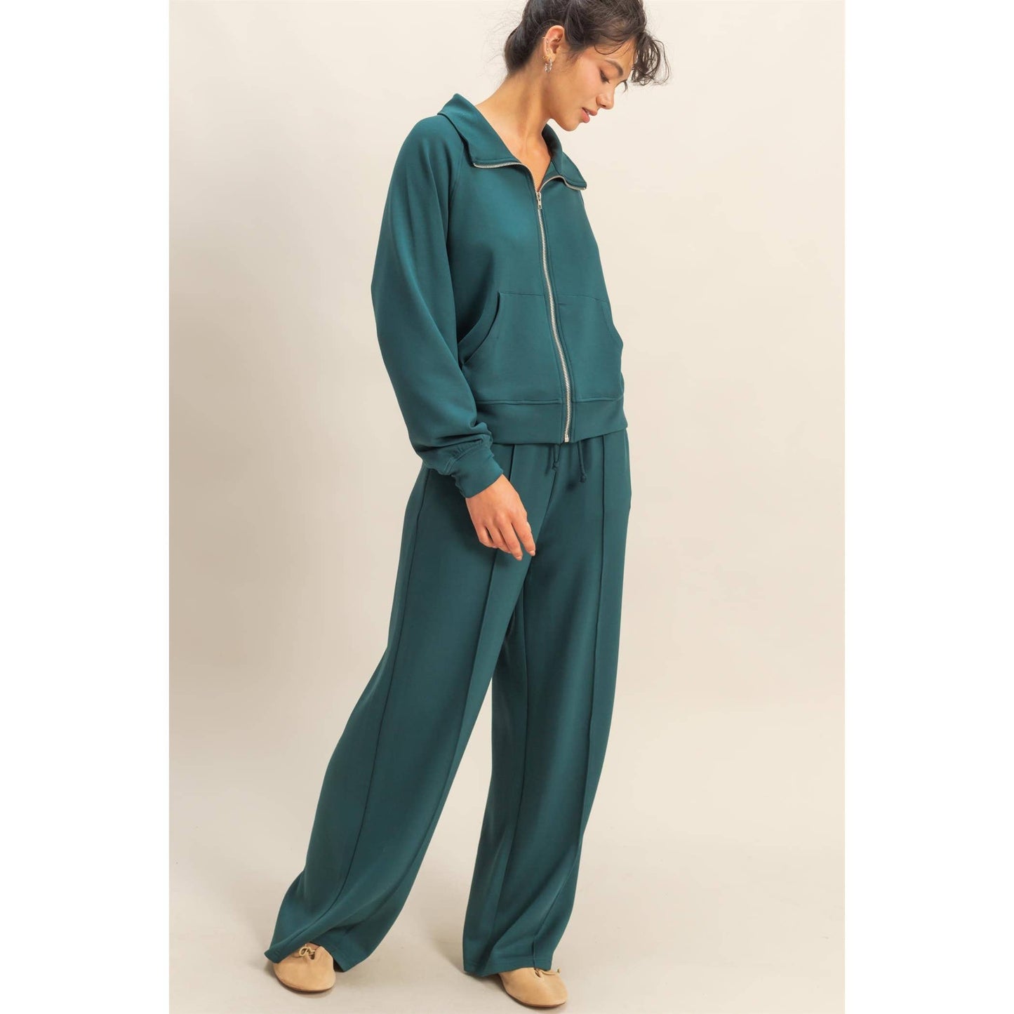 Scuba Drawstring Pintuck Wide Leg Pants