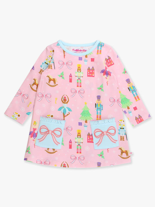 RuffleButts Girls Sugarplum Dreams Bows Knit A-line Patch Pockets Dress
