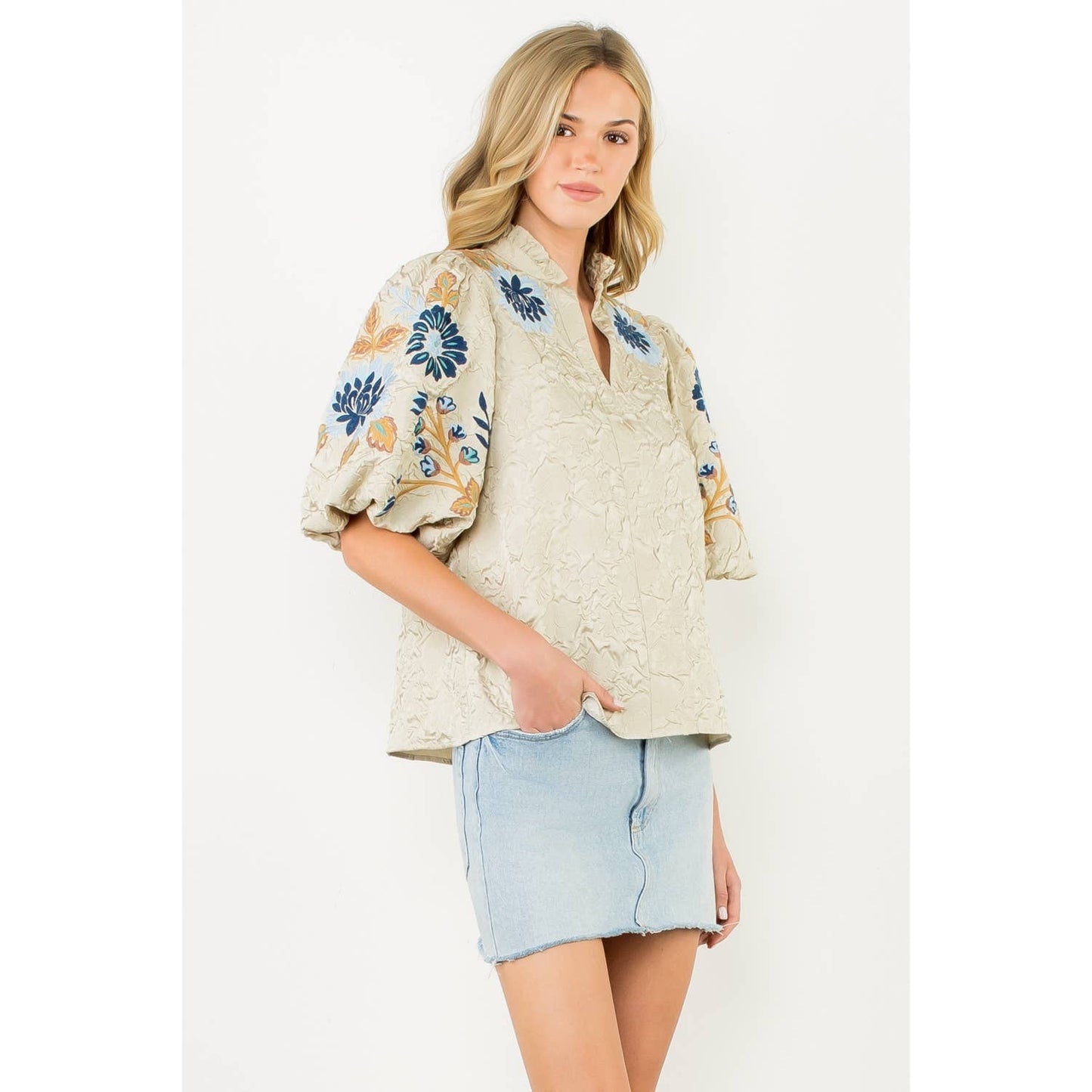 THML Embroidered Puff Sleeve Textured Top