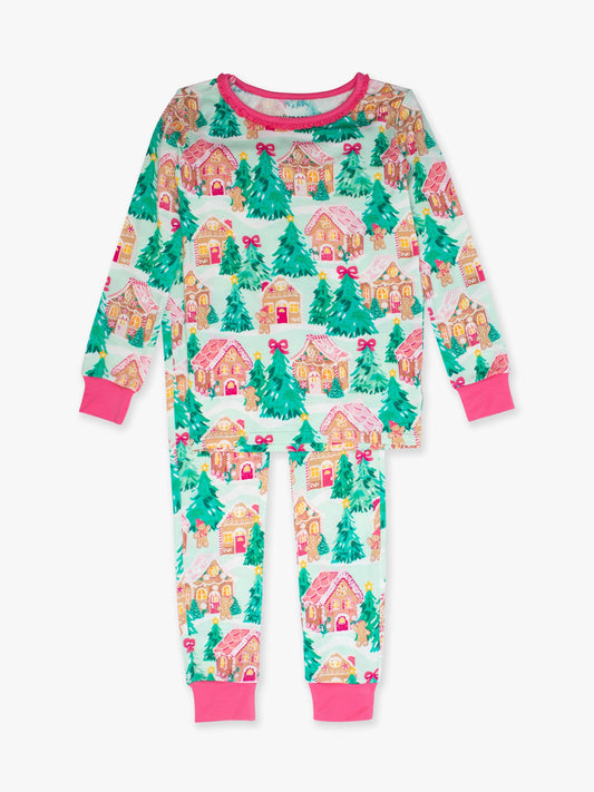 RuffleButts SoftSnooze™ Girls Jolly Gingerbread Ruffle Long Sleeve Pajama Set