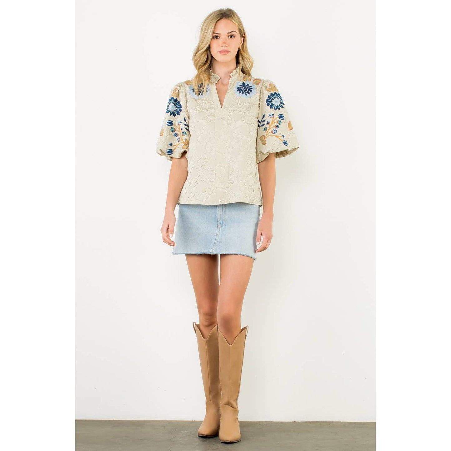 THML Embroidered Puff Sleeve Textured Top