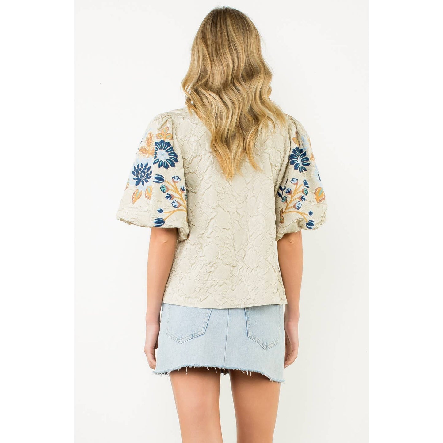 THML Embroidered Puff Sleeve Textured Top