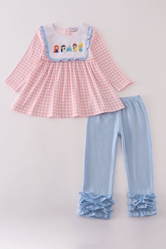 Little Girl Princess Embroidered Castle Gingham Set