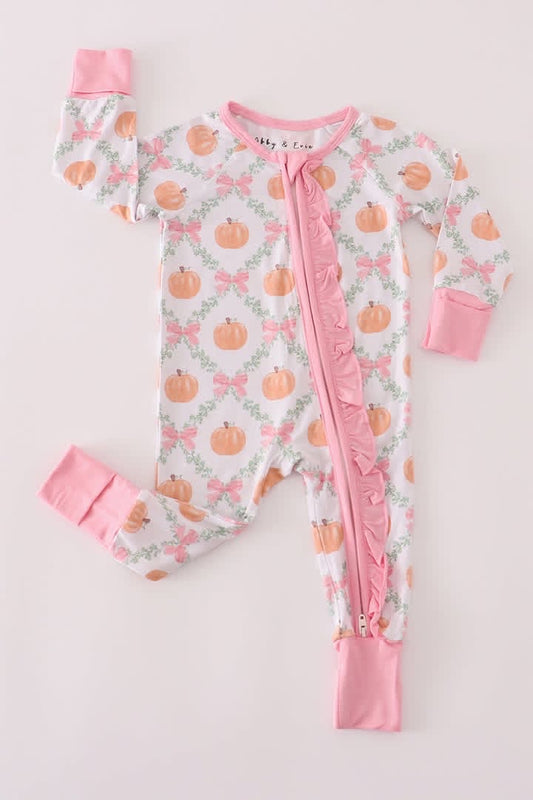 Little Girl Pink Pumpkin Bamboo Sleeper Romper