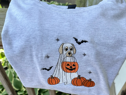 Dog Ghost Halloween Embroidered T-Shirt