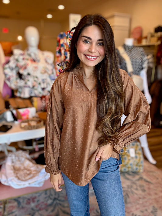 Carlie Long Sleeve Rhinestone Blouse