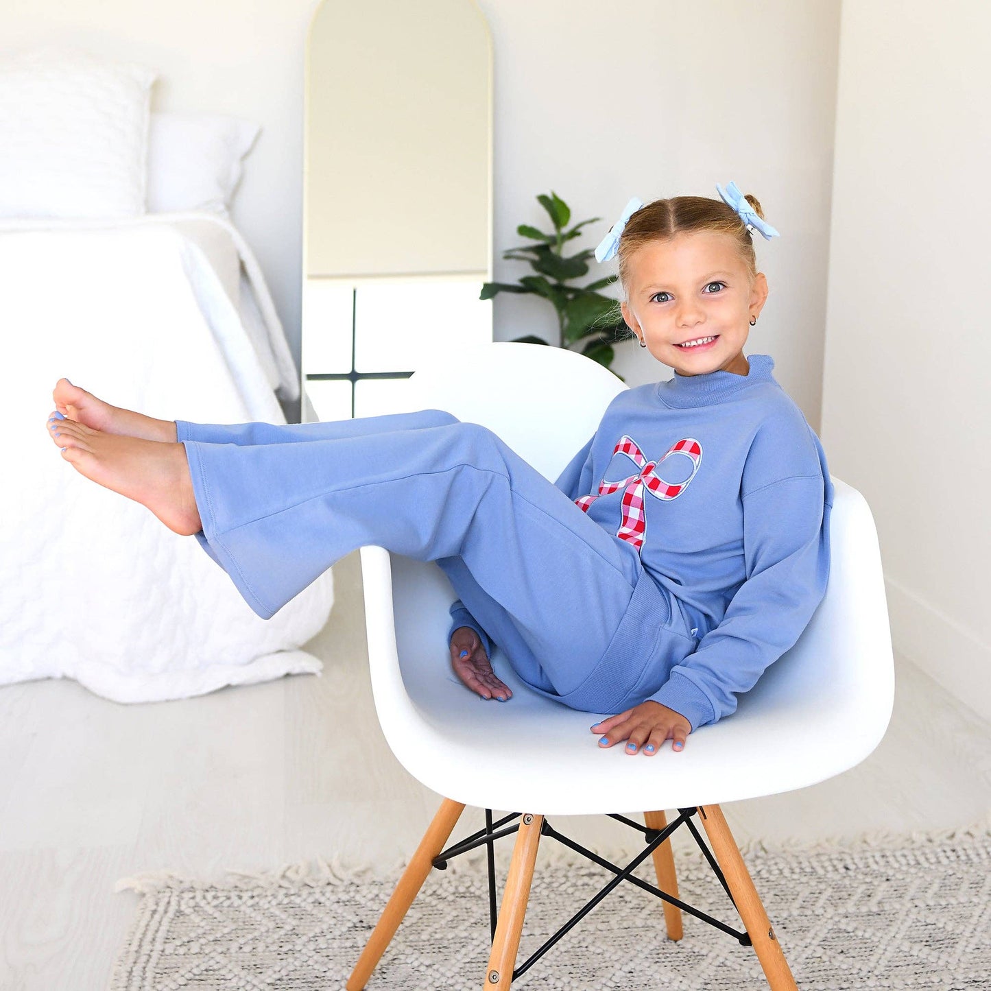 Blue MOCKNECK FLARE SWEATSUIT Gingham Bow Kids Set