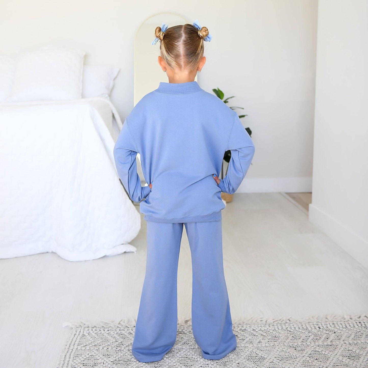 Blue MOCKNECK FLARE SWEATSUIT Gingham Bow Kids Set