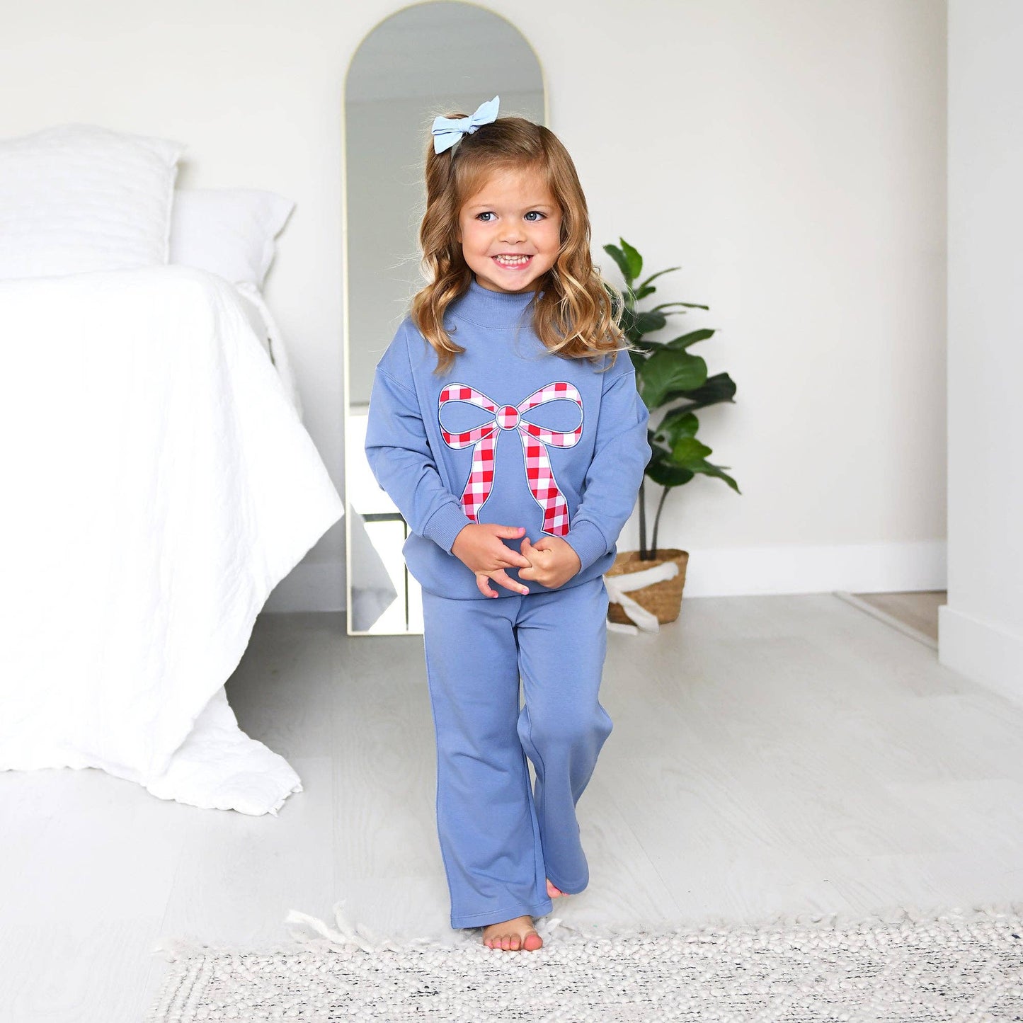 Blue MOCKNECK FLARE SWEATSUIT Gingham Bow Kids Set