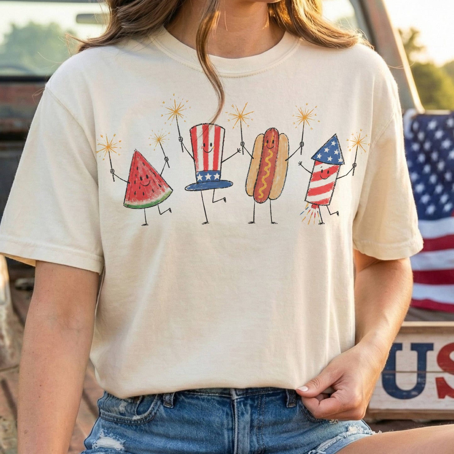USA Vintage 4th of July Fireworks Hot Dogs Retro Graphic Tee