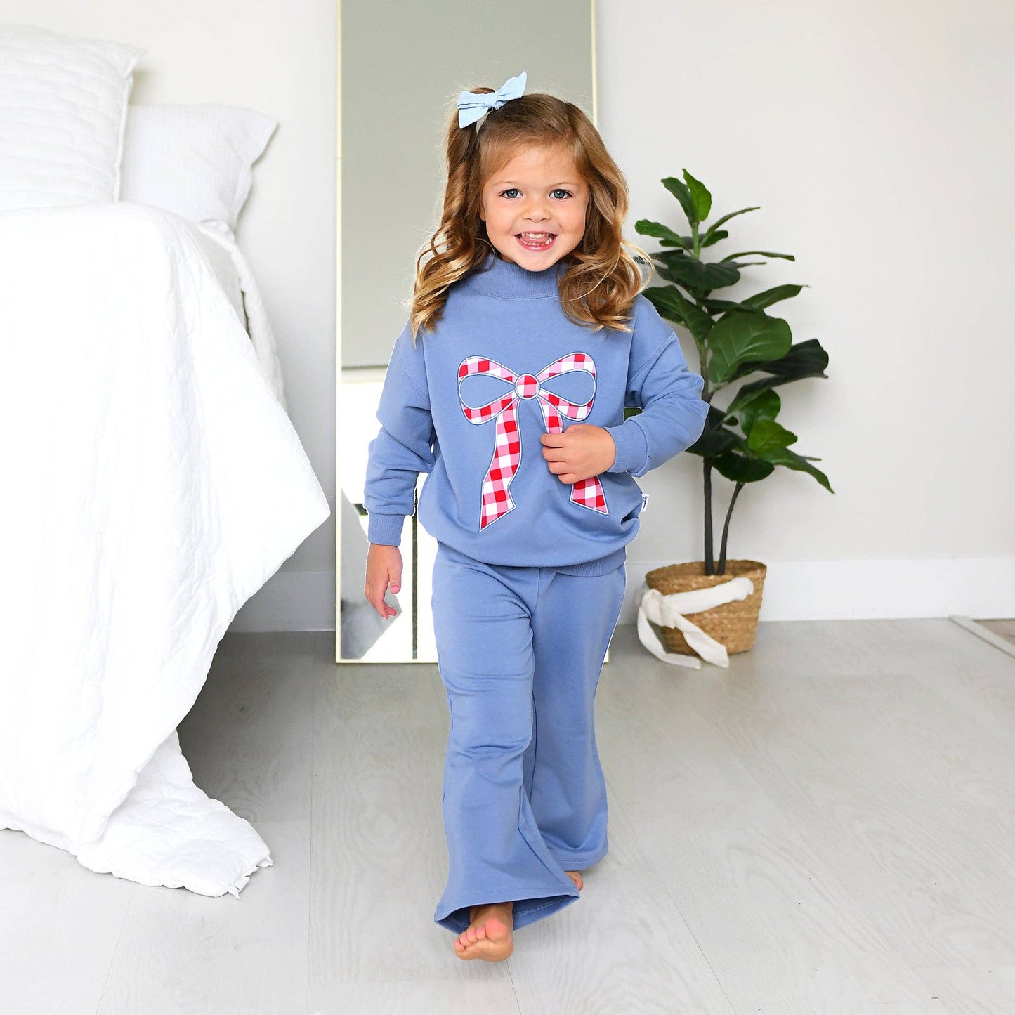 Blue MOCKNECK FLARE SWEATSUIT Gingham Bow Kids Set