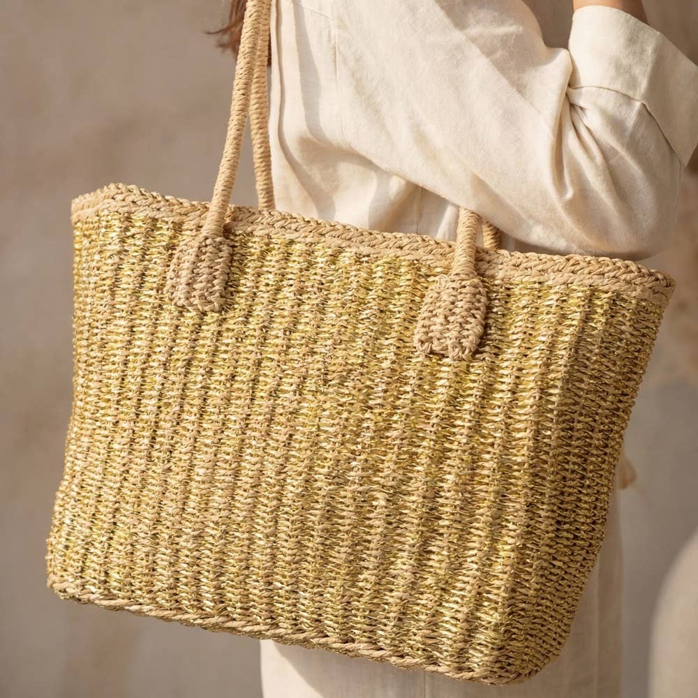Gold Accent Straw Weave Square Tote Bag