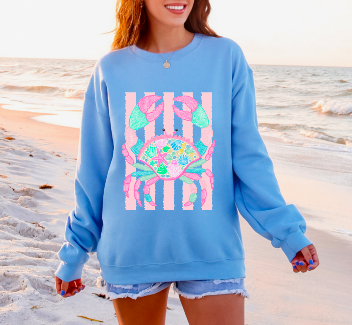 Pastel Whimsical Summer Crab Sweatshirt Beach Coastal