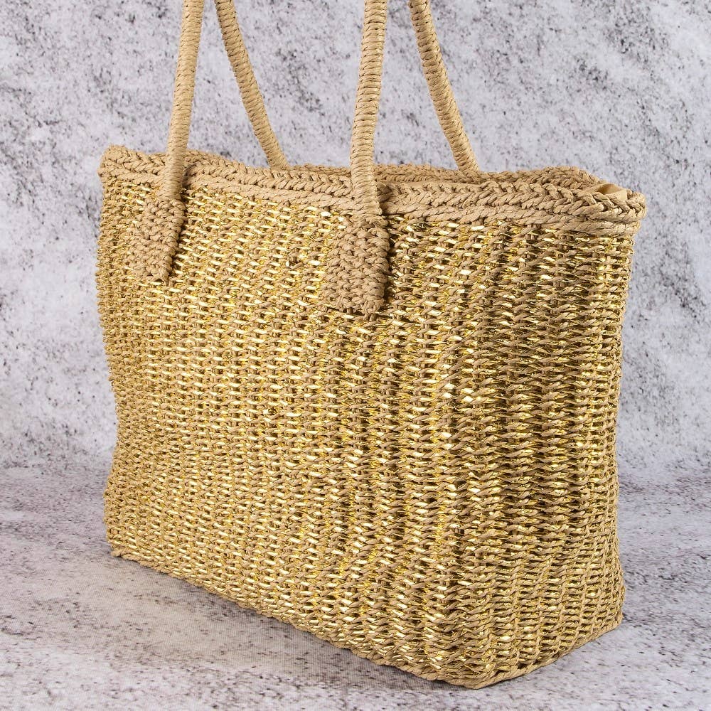 Gold Accent Straw Weave Square Tote Bag