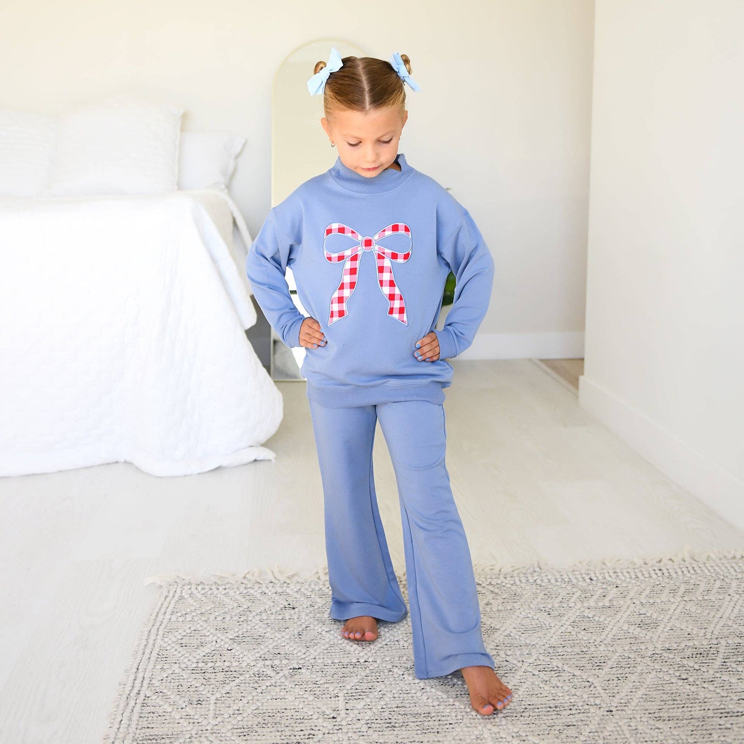 Blue MOCKNECK FLARE SWEATSUIT Gingham Bow Kids Set