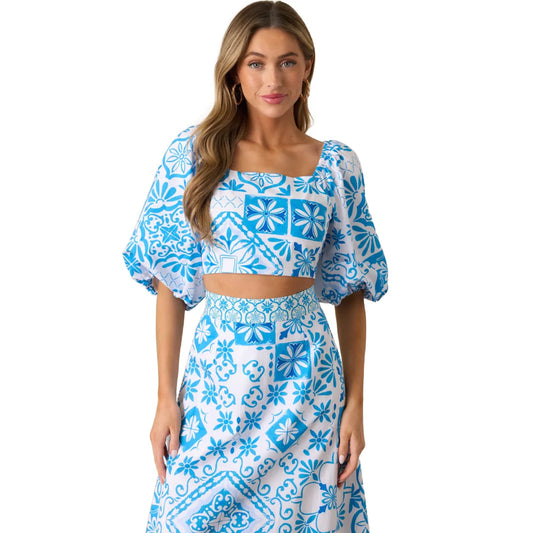 Prosperina Hemingway Blue Tile Print Cotton Midi Skirt