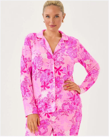 Lilly Pulitzer Jeffers Pj Knit LS Button Up T Parigi Pink Supporting Squad