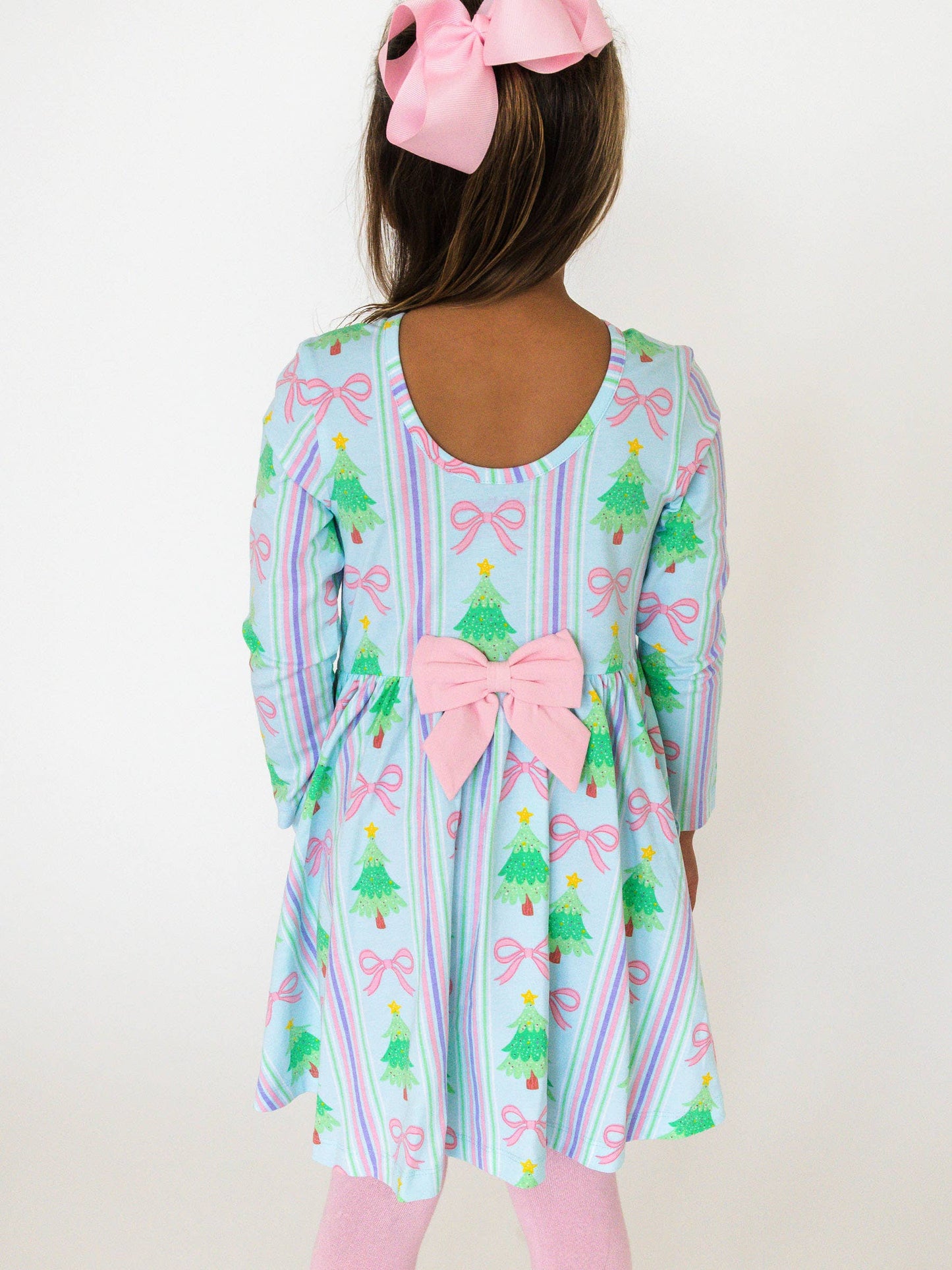 RuffleButts Girls Merry Bow Dreams Knit Long Sleeve Twirl Dress