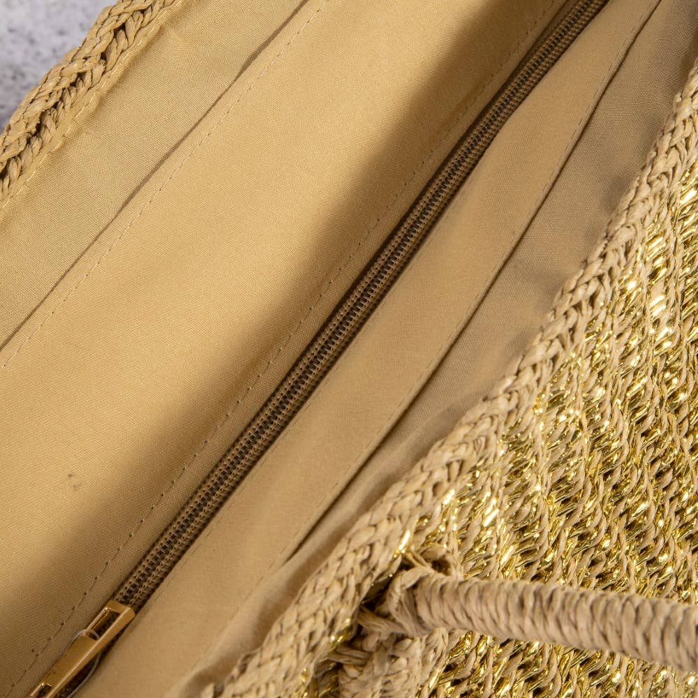 Gold Accent Straw Weave Square Tote Bag