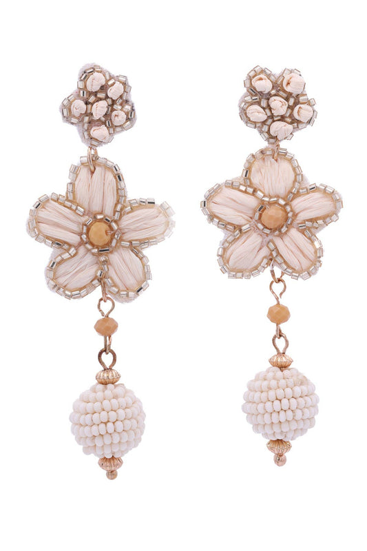 Raffia Flower Beaded Ball Drop Earrings