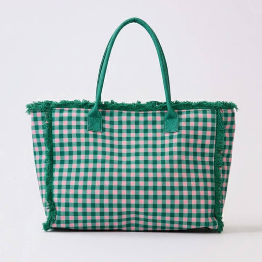 Checkered Fringe Trim Tote Bag